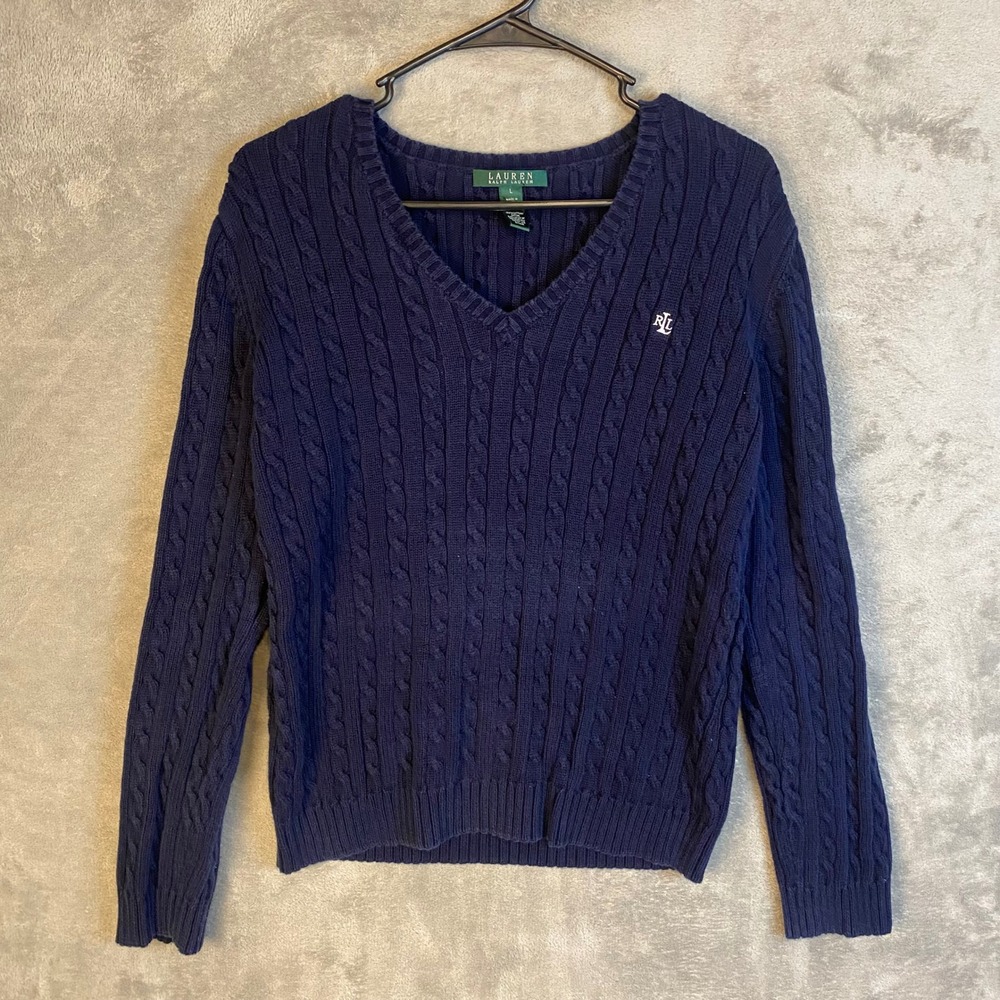 Lauren Ralph Lauren Sweater Womens L Cable Knit Navy Blue V-Neck EUC